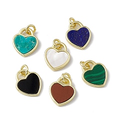 Mixed Stone Natural Mixed Stone Heart Charms, with Rack Plating Golden Tone Brass Findings, Cadmium Free & Lead Free, 14x12x2mm, Hole: 3mm