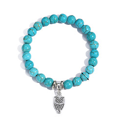 Owl Synthetic Turquoise Beaded Bracelets, Bohemia Style Alloy Charms Stretch Bracelets for Women, Owl Pattern, 6-3/4 inch(17cm), 8mm