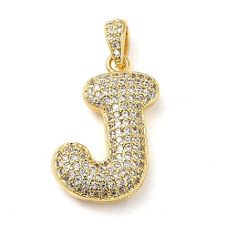 Letter J Brass Micro Pave Cubic Zirconia Pendants, Cadmium Free & Lead Free, Long-Lasting Plated, Real 18K Gold Plated, Letter J, 23.5x14x5.5mm, Hole: 4.5x3mm