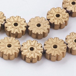 Golden Plated Vacuum Plating Electroplate Non-magnetic Synthetic Hematite Beads Strands, Frosted, Grade A, Snowflake, Golden Plated, 6x2.5~3mm, Hole: 1mm, about 66pcs/strand, 15.7 inch(40cm)