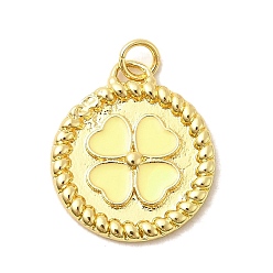 Желтый Латунь эмаль подвески, плоские круглые подвески с клевером и соединительными кольцами, без свинца и без кадмия, долговечный, стойки покрытие, реальный 18 k позолоченный, желтые, 22.5x19.5x2.5 мм, отверстие : 3.4 мм