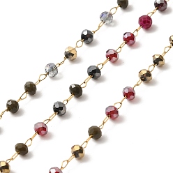 Dark Red Ion Plating(IP) Real 18K Gold Plated 316 Surgical Stainless Steel Link Chains, with Glass Round Beads, Soldered, with Spool, Dark Red, 2.5x3mm, Bead: 3x2.5mm