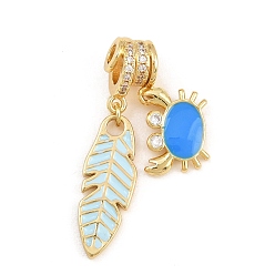 Blue Brass Micro Pave Clear Cubic Zirconia Pendants, with Enamel, Feather with Crab Charms, Rack Plating, Long-Lasting Plated, Lead Free & Cadmium Free, Real 18K Gold Plated, Blue, 36mm, Hole: 3mm