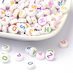 White Initial Acrylic Horizontal Hole Beads, Mixed Letters, Flat Round, White, 7x4mm, Hole: 1.3mm, about 3500pcs/Bag