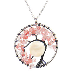 Cherry Quartz Glass Synthetic Cherry Quartz Glass Chips Tree of Life Pendant Necklaces, Brass Wire Wrap Necklace with Alloy Chains, 20.47 inch(52cm)