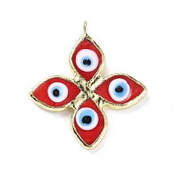 Red Handmade Lampwork Big Pendants, with Eco-friendly Ligh Gold Brass Findings, Long-Lasting Plated, Cadmium Free & Lead Free, 4-Petal Flower with Evil Eye Charm, Red, 53x46x4mm, Hole: 4.5mm