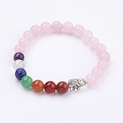 Rose Quartz Natural Rose Quartz Stretch Bracelets, Chakra Bracelets, with Alloy Findings and Gemstone Beads, Antique Silver, Round and Elephant, 2-1/8 inch(55mm)