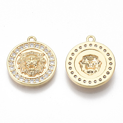 Real 18K Gold Plated Brass Micro Pave Cubic Zirconia Pendants, Flat Round with Lion, Nickel Free, Clear, Real 18K Gold Plated, 17.5x15.5x3mm, Hole: 1.4mm