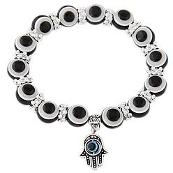 Resin 10mm Black Blue Glass Evil Eye Beaded Bracelet with Fatima Hand and Demon Eye Charm for Women