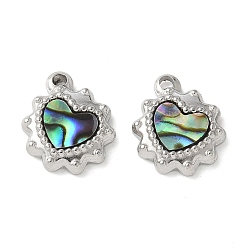 Нержавеющая Сталь Цвет 304 подвески из натуральной ракушки пауа из нержавеющей стали/белой ракушки, сердце прелести, цвет нержавеющей стали, 11x10x3 мм, отверстие : 1.4 мм