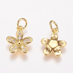 Golden Brass Micro Pave Cubic Zirconia Charms, Flower, Golden, 15x10x2mm, Hole: 3mm