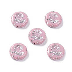 Flamingo Opaque Acrylic Beads, Metal Enlaced, Flat Round with Flower Pattern, Flamingo, 17.5~18x5~5.5mm, Hole: 1.8mm, about 399pcs/500g