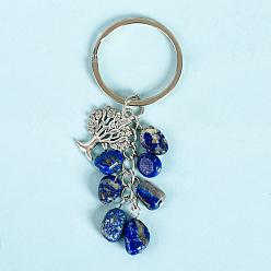 Lapis Lazuli Natural Lapis Lazuli Keychains, with Alloy Tree of Life Charms and Keychain Ring Clasps, 83mm