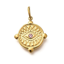 Pink 304 из нержавеющей стали горный хрусталь подвески, ионное покрытие (ip), плоские круглые и глазные подвески, розовые, 19.5x17x3 мм, отверстие : 4.5x3 мм