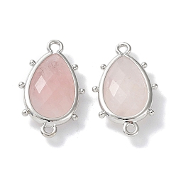 Rose Quartz Natural Rose Quartz Connector Charms, with Platinum Plated Brass Edge Loops, Faceted, Teardrop, 24x14.5x5mm, Hole: 1.2mm & 1.4mm