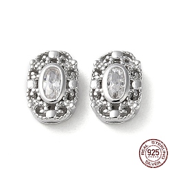 Platinum Oval Rhodium Plated 925 Sterling Silver Hollow Out Beads, with Cubic Zirconia, Long-Lasting Plated, with S925 Stamp, Platinum, 8.5x6x3mm, Hole: 4.5x0.5mm