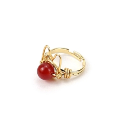 Red Agate Natural Red Agate Adjustable Ring, Cat Shape Golden Brass Wire Wraped Ring, Wide: 8mm