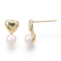 Real 18K Gold Plated Brass Heart & Natural Pearl Stud Earrings, with 925 Sterling Silver Pins, Real 18K Gold Plated, 11x7mm, Pin: 0.8mm