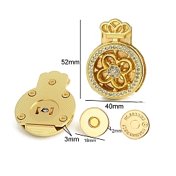 Golden Alloy Crystal Rhinestone Magnetic Snap Buckle Locks, Purse Making Supplies, Flat Round with Crown, Golden, 52x40mm