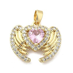 Pink Латунные микро проложить кубического циркония подвески, Сердце и крыло, реальный 18 k позолоченный, розовые, 16x20x5.5 мм, отверстие : 5x2.5 мм