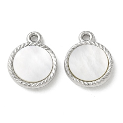 Нержавеющая Сталь Цвет 304 подвески из натуральной белой ракушки из нержавеющей стали, плоские круглые прелести, цвет нержавеющей стали, 16x13x3 мм, отверстие : 1.5 мм