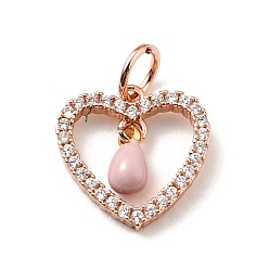 Pink Rack Plating Brass Micro Pave Cubic Zirconia Pendants, with Enamel and Jump Ring, Long-Lasting Plated, Rose Gold, Heart, Cadmium Free & Nickel Free & Lead Free, Pink, 12.5x12x1.5~3mm, Jump Ring: 5x0.7mm, Hole: 3.4mm