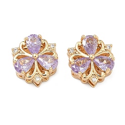 Лиловый Латунные микропаве кубический цирконий многожильные звенья, цветок, реальный 18 k позолоченный, сирень, 13.5x13x7 мм, отверстие : 1.8 мм