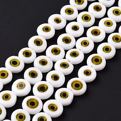 Blanc Chalumeau à la main mauvais œil plates rangées de perles rondes, blanc, 10x4mm, Trou: 1mm, Environ 38 pcs/chapelet, 14.96 pouce