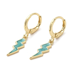 Turquoise Lightning Bolt Real 18K Gold Plated Brass Dangle Leverback Earrings, with Enamel, Turquoise, 29x5.5mm