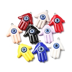 Mixed Color Evil Eye Resin Pendants, Hamsa Hand Charms, with Platinum Plated Iron Loops, Mixed Color, 34.5x26x9mm, Hole: 2mm