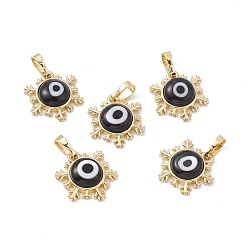 Black Handmade Evil Eye Lampwork Pendants, with Rack Plating Real 18K Gold Plated Brass Findings, Long-Lasting Plated, Snowflake Charm, Black, 15x14x4mm, Hole: 4x6.5mm