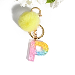 Letter P Resin Keychains, Pom Pom Ball Keychain, with KC Gold Tone Plated Iron Findings, Letter.P, 11.2x1.2~5.7cm