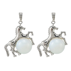 Опал Opalite подвески, латунная лошадь с подвесками в виде шариков из драгоценных камней, стойки покрытие, платина, 33x35x16 мм, отверстие : 5x8 мм