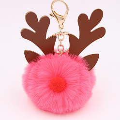 Pearl Pink Christmas Deer Antler Pom-Pom Keychain with Plush Elk Charm for Women's Handbag Gift