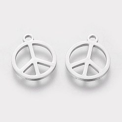 Stainless Steel Color 304 Stainless Steel Charms, Flat Round with Peace Sign, Stainless Steel Color, 14x12x1mm, Hole: 1.5mm