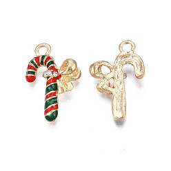 Colorful Rack Plating Alloy Enamel Pendants, with Crystal Rhinestone, Cadmium Free & Nickel Free & Lead Free, Light Gold, Christmas Candy Cane, Colorful, 22x14.5x5mm, Hole: 2mm