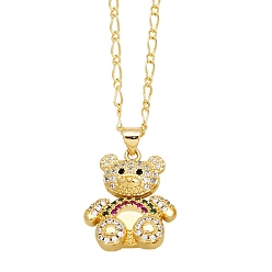 Colorful Brass Micro Pave Cubic Zirconia Pendant Necklaces, Bear, Colorful, 17.72 inch(45cm), Pendant: 28x20mm