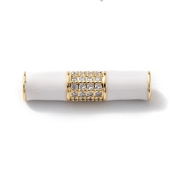 White Rack Plating Brass Clear Micro Pave Cubic Zirconia Beads, with Enamel, Long-Lasting Plated, Real 18K Gold Plated, Cadmium Free & Lead Free, Tube, White, 20.5x5mm, Hole: 1.8mm