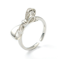 Платина Латунные кольца из манжеты с прозрачным цирконием, открытые кольца, бантом, платина, размер США 6, внутренний диаметр: 17 мм