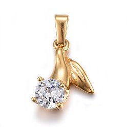 Golden 304 Stainless Steel Pendants, with Cubic Zirconia, Leaf, Clear, Golden, 16x13x6mm, Hole: 5x3mm