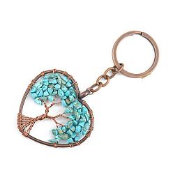 Synthetic Turquoise Synthetic Turquoise Pendant Keychains, with Brass Findings and Alloy Key Rings, Heart with Tree of Life, 10.7cm