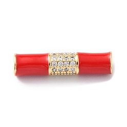 Red Rack Plating Brass Clear Micro Pave Cubic Zirconia Beads, with Enamel, Long-Lasting Plated, Real 18K Gold Plated, Cadmium Free & Lead Free, Tube, Red, 20.5x5mm, Hole: 1.8mm