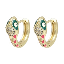 Фуксиновый Латунные микро проложить серьги обруча кубического циркония, без кадмия и без свинца, с эмалью, змея, реальный 18 k позолоченный, красно-фиолетовые, 20x21x7.5 мм
