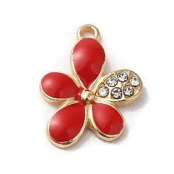 Red Flower Alloy Enamel Pendants, with Rhinestone, Light Gold, Red, 17.5x13x2.5mm, Hole: 1.4mm