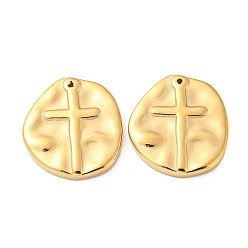 Real 14K Gold Plated 304 Stainless Steel Pendants, Irregular Flat Round with Cross Charm, Real 14K Gold Plated, 19.5x18x3mm, Hole: 1mm