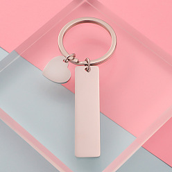Stainless Steel Color 304 Stainless Steel Keychain, with Key Rings, Rectangle with Heart, Stainless Steel Color, 80mm