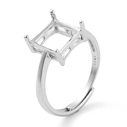 Real Platinum Plated Square Adjustable 925 Sterling Silver Ring Components, 4 Claw Prong Ring Settings, Real Platinum Plated, US Size 6(16.5mm)