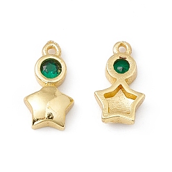 Dark Green Brass Micro Pave Cubic Zirconia Pendants, Real 18K Gold Plated, Star, Dark Green, 10x5.5x2mm, Hole: 0.8mm