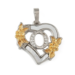 Letter O Латунь микропаве фианиты с подвесками-ракушками, Сердце и письмо, долговечный, без свинца и без кадмия, стойки покрытие, Письмо O, 20x20.5x3 мм, отверстие : 3.5x5 мм