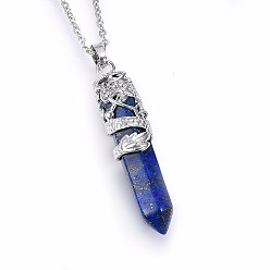 Lapis Lazuli Natural Lapis Lazuli Pendant Necklaces, with 304 Stainless Steel Cable Chains, Bullet with Dragon, 19.68 inch(50cm), Pendant: 54x11mm